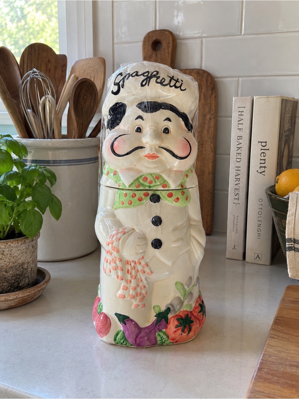 Vintage Ceramic Chef Spaghetti Canister Retro Kitchen Cookie Jar